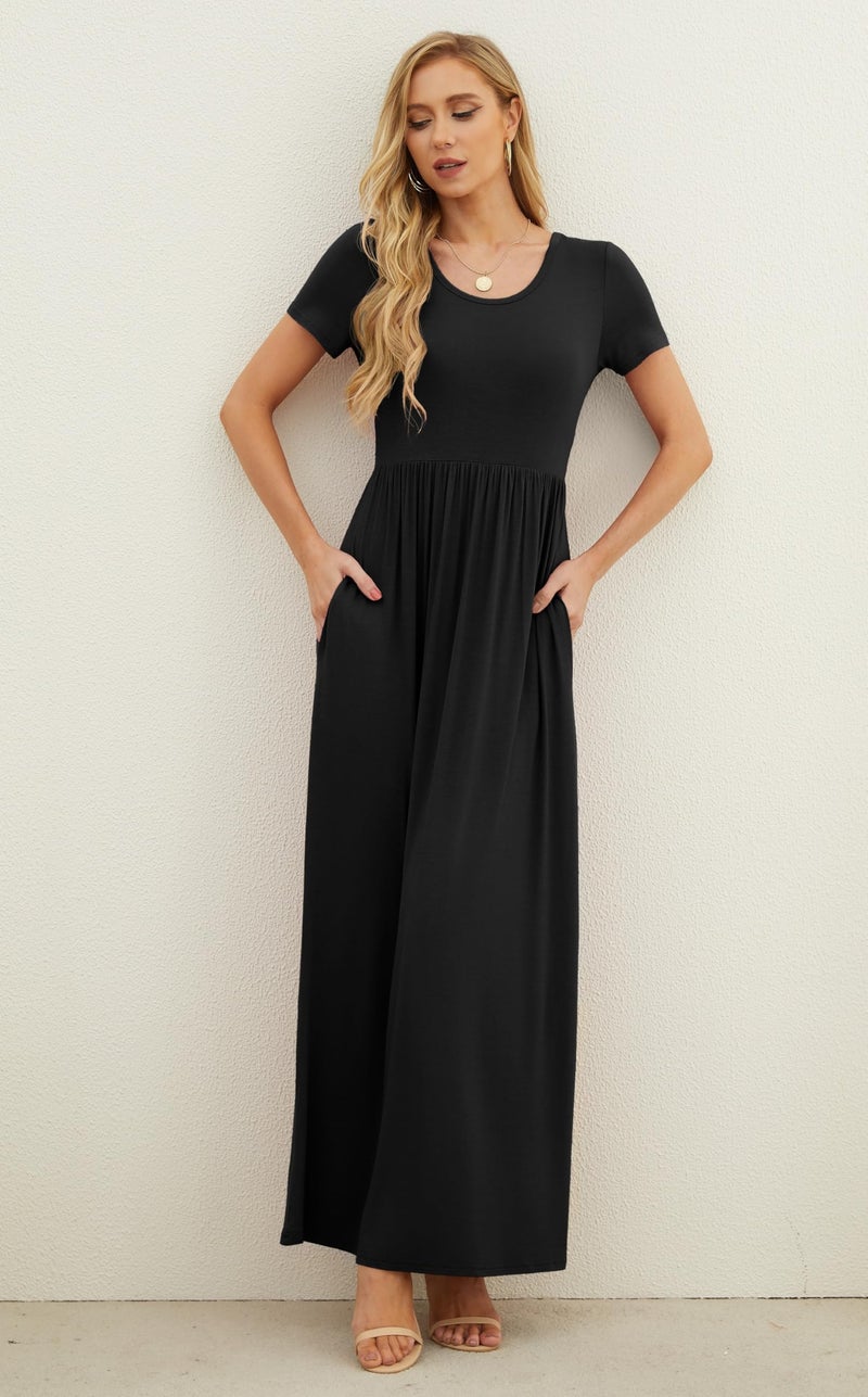 GRECERELLE Women Summer Crew Neck Casual Short Sleeve Long Maxi Dress with Pockets, Black, S - Image 1